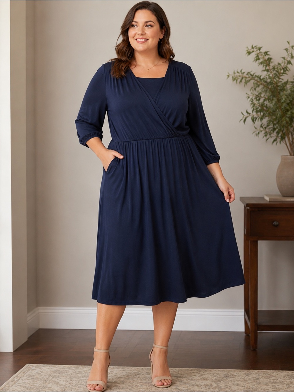 Draper James Navy Faux-Wrap Midi Dress Pockets Office Chic